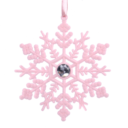 Pink Flock Snowflake Hanging 13cm