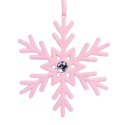 Pink Flock Snowflake Hanging 14cm