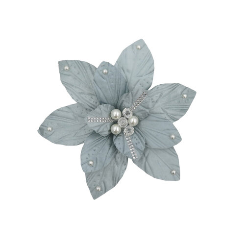 Poinsettia Grey Silver Beads Clip On 33cm