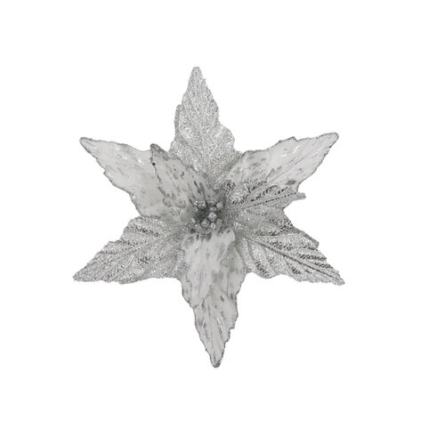 Poinsettia White Silver Petals Clip On 27cm