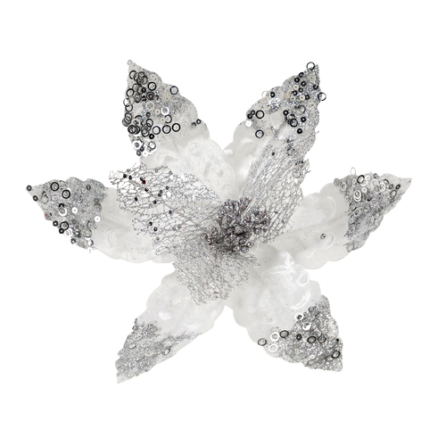 Poinsettia White Glitter Petals Clip On 30cm