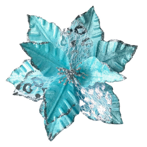 Poinsettia Teal Silver Leaf Clip On 25cm