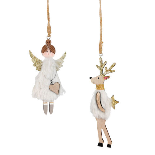 Fluffy Reindeer & Angel Holding Star & Heart Hanging Decoration White 13cm 2 Assorted