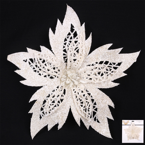 Star Flower with Clip White & Iridescent Glitter 26cm