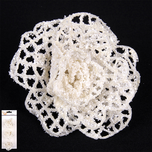 Flower with Clip White & Iridescent Glitter 6cm Set of 3