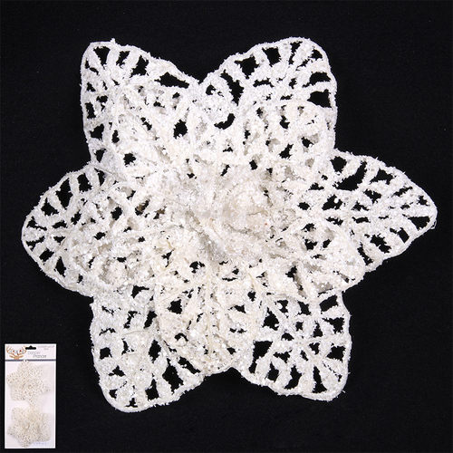 Flower with Clip White & Iridescent Glitter 13cm Set of 2
