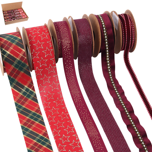 Christmas Ribbons 6 Assorted - Burgundy 2m