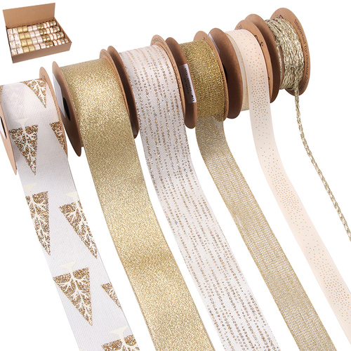 Christmas Ribbons 6 Assorted - Ivory & Gold 2m
