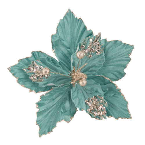Poinsettia Teal Gold Embossed Leaves 31cm