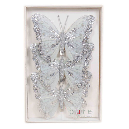 Feather Butterfly Pack of 3 Silver 12cm
