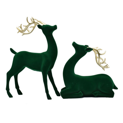 Flocked Deer Green 2pc Set 38cm