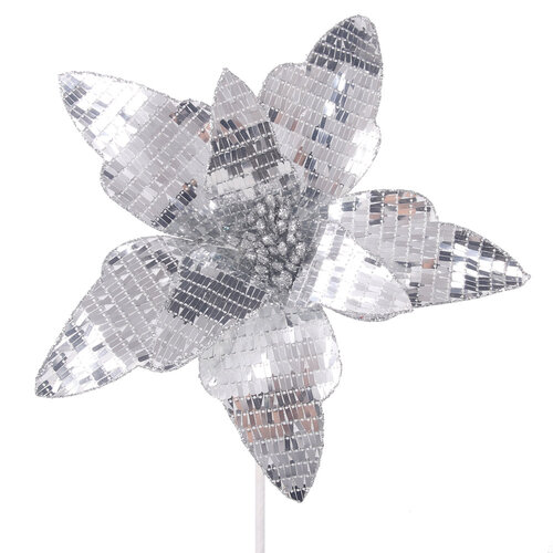 Silver Mirror Sequin Poinsettia Stem 50cm