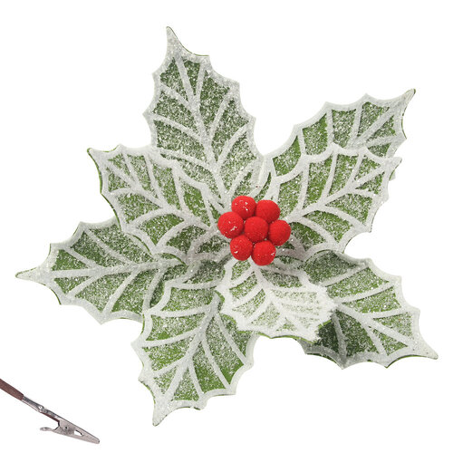 Green Frosted Poinsettia w. Clip 28cm