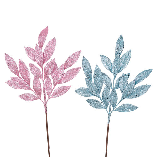 Pink or Blue Glitter Laurel Leaf Stem 1pc 2 Asst 53cm