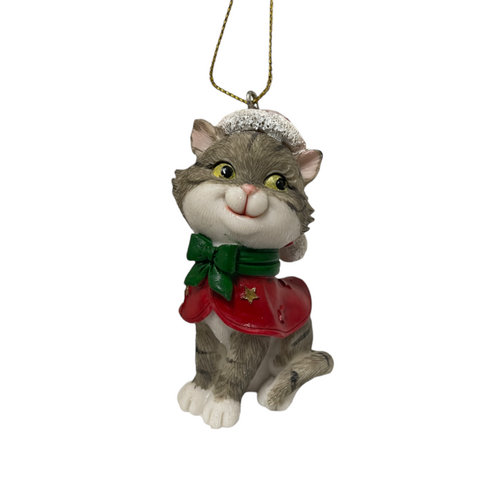 Cat Hanging Grey Green Bow 8cm