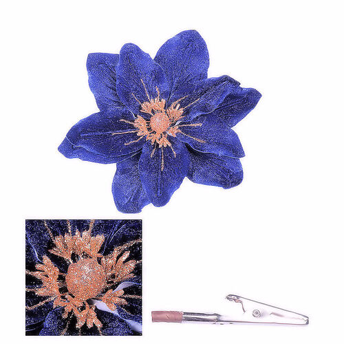 Royal Blue Velvet Poinsettia  w.Clip 22cm