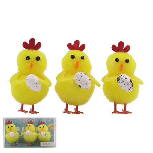 3pk Chenille Chick Holding Egg 6cm