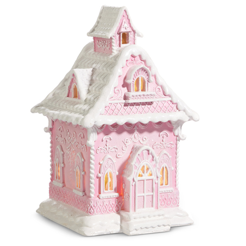 RAZ Pink Lit Gingerbread House 34cm