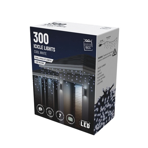 LED 300 Cool White Flashing Icicles 5.9m
