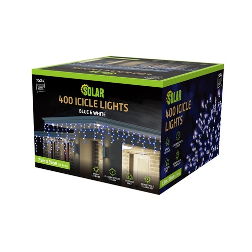 Solar 400 LED Icicle Lights White & Blue 8m